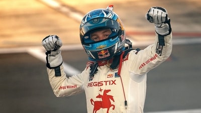 Connor Zilisch, the NASCAR Xfinity winner, had a scary fall when he was celebrating his win in the victory lane on Saturday. (Getty Images via AFP) Connor Zilisch, the NASCAR Xfinity winner, had a scary fall when he was celebrating his win in the victory lane on Saturday. (Getty Images via AFP)