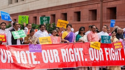 Opposition INDIA bloc MPs protest in Parliament against the Election Commission’s Special Intensive Revision (SIR) of electoral rolls in Bihar during the Monsoon Session. (PTI File) Opposition INDIA bloc MPs protest in Parliament against the Election Commission’s Special Intensive Revision (SIR) of electoral rolls in Bihar during the Monsoon Session. (PTI File)