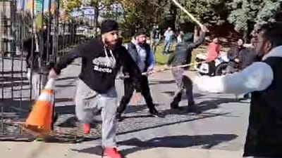 Pro-Khalistan radicals violently attacked the Hindu Sabha Mandir, in Brampton, in November, as it hosted a consular camp. (Video screengrab) Pro-Khalistan radicals violently attacked the Hindu Sabha Mandir, in Brampton, in November, as it hosted a consular camp. (Video screengrab)