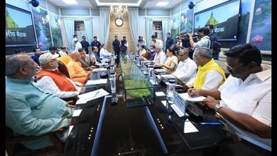 UP CM Yogi Adityanath, assembly speaker Satish Mahana and other leaders at the all-party meeting on Sunday. (HT Photo) UP CM Yogi Adityanath, assembly speaker Satish Mahana and other leaders at the all-party meeting on Sunday. (HT Photo)