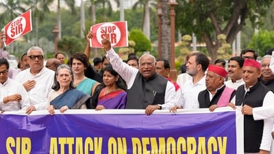 Top INDIA bloc leaders, including Congress chief Mallikarjun Kharge, Rahul Gandhi, TMC's Derek O'Brien and DMK MP Kanimozhi along with other leaders staging a protest at the Parliament against the special intensive revision (SIR) of electoral rolls in Bihar. (PTI file) Top INDIA bloc leaders, including Congress chief Mallikarjun Kharge, Rahul Gandhi, TMC's Derek O'Brien and DMK MP Kanimozhi along with other leaders staging a protest at the Parliament against the special intensive revision (SIR) of electoral rolls in Bihar. (PTI file)