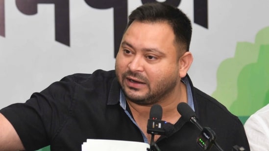 LoP in the Bihar Assembly and RJD leader Tejashwi Yadav addresses a press conference, in Patna. (PTI)