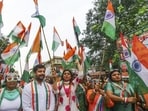 BJP leaders and workers during a ‘Tiranga Yatra’ at Chandni Chowk in New Delhi on Monday. (PTI) BJP leaders and workers during a ‘Tiranga Yatra’ at Chandni Chowk in New Delhi on Monday. (PTI)