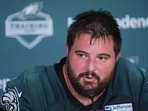 Philadelphia Eagles guard Landon Dickerson speaks during a news conference at the team’s NFL football training camp, Thursday, July 24, 2025, in Philadelphia. (AP Photo/Matt Rourke)