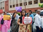 TMC MP Mahua Moitra and other opposition MPs hold a protest against Special Intensive Revision of electoral rolls in Bihar at Parliament premises during the monsoon session, in New Delhi.