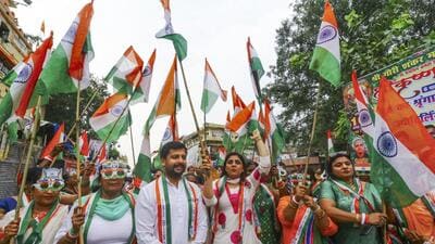 BJP leaders and workers during a ‘Tiranga Yatra’ at Chandni Chowk in New Delhi on Monday. (PTI) BJP leaders and workers during a ‘Tiranga Yatra’ at Chandni Chowk in New Delhi on Monday. (PTI)