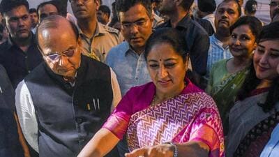 Delhi LG VK Saxena and Delhi CM Rekha Gupta during the foundation stone laying of a Clock Tower at Mandir Marg in New Delhi on Monday.