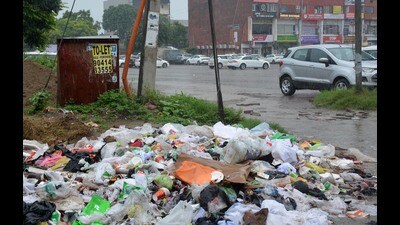 Garbage piled up right at the entrance of the Sector 16 market in Panchkula. (Sant Arora /HT) Garbage piled up right at the entrance of the Sector 16 market in Panchkula. (Sant Arora /HT)