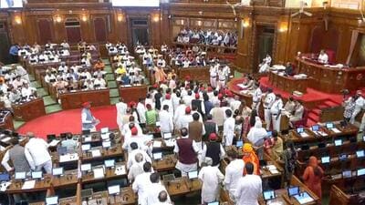 Opposition lawmakers create a ruckus in the Uttar Pradesh assembly on Monday. (ANI PHOTO) Opposition lawmakers create a ruckus in the Uttar Pradesh assembly on Monday. (ANI PHOTO)