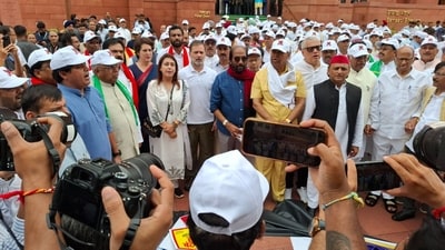 Opposition parties on Monday took out a protest march against the Special Intensive Revision (SIR) of electoral rolls in poll-bound Bihar and allegations of “voter fraud”. (HT Photo) Opposition parties on Monday took out a protest march against the Special Intensive Revision (SIR) of electoral rolls in poll-bound Bihar and allegations of “voter fraud”. (HT Photo)