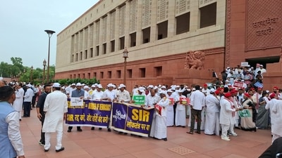 INDIA bloc leaders gathered at Parliament’s Makar Dwar to march to the Election Commission, protesting the Special Intensive Revision of Bihar’s electoral rolls. (HT Photo) INDIA bloc leaders gathered at Parliament’s Makar Dwar to march to the Election Commission, protesting the Special Intensive Revision of Bihar’s electoral rolls. (HT Photo)