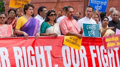 Congress MPs Priyanka Gandhi Vadra and Gaurav Gogoi, and other parliamentarians from the INDIA bloc parties at a protest against the Election Commission's Special Intensive Revision (SIR) of electoral rolls in Bihar, during the Monsoon session of Parliament, in New Delhi, Friday. (PTI) Congress MPs Priyanka Gandhi Vadra and Gaurav Gogoi, and other parliamentarians from the INDIA bloc parties at a protest against the Election Commission's Special Intensive Revision (SIR) of electoral rolls in Bihar, during the Monsoon session of Parliament, in New Delhi, Friday. (PTI)