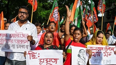 Kolkata: Members of Bharatiya Janata Yuva Morcha (BJYM) protest against the alleged police excesses during a march to the West Bengal secretariat Nabanna a day ago and to demand justice for RG Kar hospital's doctor, who was raped and murdered last year, in Kolkata, West Bengal. (PTI) Kolkata: Members of Bharatiya Janata Yuva Morcha (BJYM) protest against the alleged police excesses during a march to the West Bengal secretariat Nabanna a day ago and to demand justice for RG Kar hospital's doctor, who was raped and murdered last year, in Kolkata, West Bengal. (PTI)