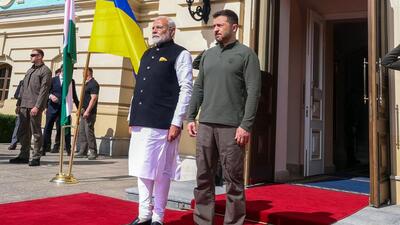 Prime Minister Narendra Modi received by Ukrainian President Volodymyr Zelenskyy on his arrival at Mariinsky Palace, in Kyiv in August 2024 (ANI FILE/Modi website) Prime Minister Narendra Modi received by Ukrainian President Volodymyr Zelenskyy on his arrival at Mariinsky Palace, in Kyiv in August 2024 (ANI FILE/Modi website)