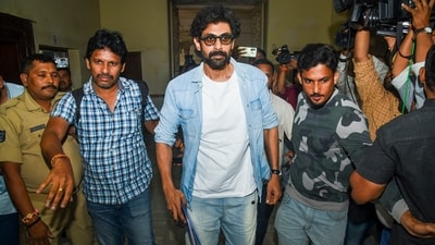 Rana Daggubati was spotted at the Enforcement Directorate (ED) office. (PTI) Rana Daggubati was spotted at the Enforcement Directorate (ED) office. (PTI)