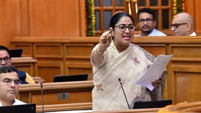 Delhi Chief Minister Rekha Gupta speaks during the Monsoon session of the state Assembly, in New Delhi. (PTI) Delhi Chief Minister Rekha Gupta speaks during the Monsoon session of the state Assembly, in New Delhi. (PTI)