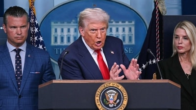 Trump, flanked by Secretary of Defense Pete Hegseth and Attorney General Pam Bondi, addressed rising crime in Washington, D.C., during a news conference in the White House's Brady Press Briefing Room. (Photo by ANDREW CABALLERO-REYNOLDS / AFP) (AFP) Trump, flanked by Secretary of Defense Pete Hegseth and Attorney General Pam Bondi, addressed rising crime in Washington, D.C., during a news conference in the White House's Brady Press Briefing Room. (Photo by ANDREW CABALLERO-REYNOLDS / AFP) (AFP)