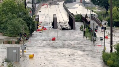 Wisconsin flooding: Floodwater runs onto the railway tracks, in Wauwatosa, Wisconsin, U.S., August 10, 2025, in this screengrab taken from a social media video. (Pam Sweetman via REUTERS)