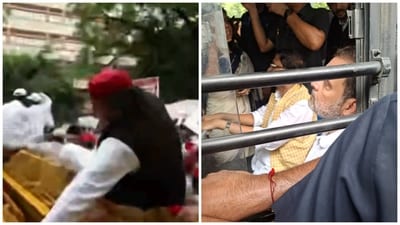 While Samajwadi Party chief Akhilesh Yadav jumped a police barricade, Congress MPs Rahul along with his sister Priyanka Gandhi got detained (ANI and HT photo) While Samajwadi Party chief Akhilesh Yadav jumped a police barricade, Congress MPs Rahul along with his sister Priyanka Gandhi got detained (ANI and HT photo)