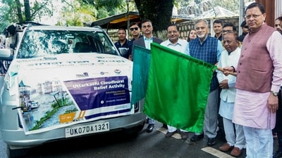 Uttarakhand Chief Minister Pushkar Singh Dhami flagged off vehicles with relief material for people in the Dharali area on Sunday, following flash floods. (@pushkardhami/X)