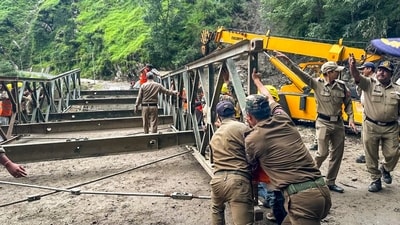 A 90-feet Bailey bridge was constructed along the Gangotri National Highway to restore connectivity between Gangnani and Harshil. (PTI)