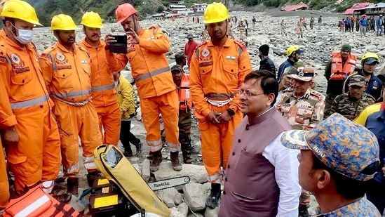 Uttarakhand Chief Minister Pushkar Singh Dhami visits Dharali and Harshil, the worst-hit areas after the flood, to inquire about the well-being of the victims on Thursday.(ANI)