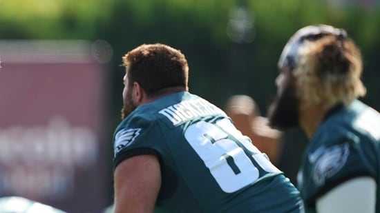 Philadelphia Eagles Landon Dickerson during practice at the team’s NFL football training camp, Thursday, July 24, 2025, in Philadelphia. (AP)