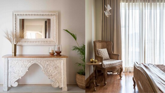 A hand-carved wooden mantle with a mirror above adds heritage charm while blending effortlessly into a sleek, modern living space. (Rashi Bothra and Ruchi Gehani)