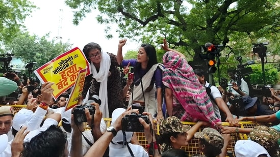 TMC MPs Sushmita Dev and Mahua Moitra were seen climbing Delhi police barricades to protest against SIR in the Bihar election.(HT Photo)
