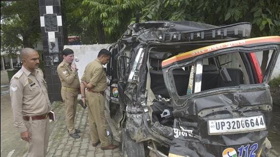 The accident took place near the Amrala underpass area on the Ghaziabad-Meerut carriageway of the DME near Bhojpur. (Sakib Ali/HT Photo)