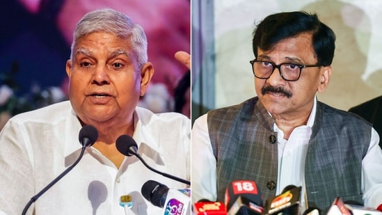 File photo of former Vice President Jagdeep Dhankhar and Shiv Sena (UBT) MP Sanjay Raut. (PTI)
