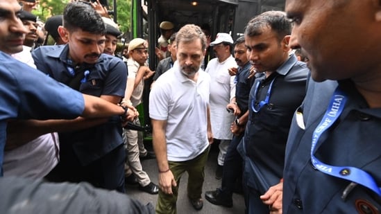 LOP Rahul Gandhi was detained by the Delhi police at the Parliament police station police during Opposition party's march from Parliament &nbsp;to Nirvachan Sadan on Monday(Arvind Yadav/Hindustan Times)