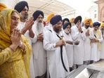 Giani Harpreet Singh, along with other members of the breakaway faction of the Shiromani Akali Dal, in Amritsar on Monday. (Sameer Sehgal/HT) Giani Harpreet Singh, along with other members of the breakaway faction of the Shiromani Akali Dal, in Amritsar on Monday. (Sameer Sehgal/HT)