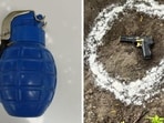 Police recovered a hand grenade and a .30-bore pistol along with two cartridges and two empty shells of .30-bore from the arrested. (HT Photo) Police recovered a hand grenade and a .30-bore pistol along with two cartridges and two empty shells of .30-bore from the arrested. (HT Photo)