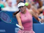 Emma Raducanu (GBR) returns a shot against Aryna Sabalenka (BLR) during the Cincinnati Open at the Lindner Family Tennis Center