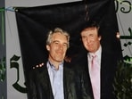 A banner of Jeffrey Epstein and President Donald Trump displayed during a protest earlier this year.