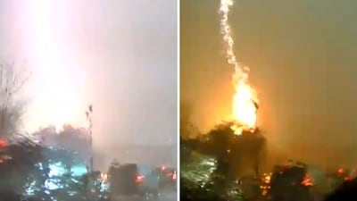 The image shows lightning striking a utility pole in South Carolina. (X/@MountPleasantPD) The image shows lightning striking a utility pole in South Carolina. (X/@MountPleasantPD)
