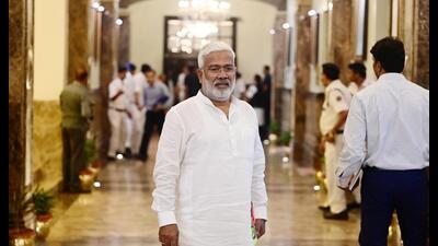 Jal Shakti minister Swatantra Dev Singh arrives to attend the Monsoon session at UP assembly in Lucknow on Tuesday. (HT Photo)