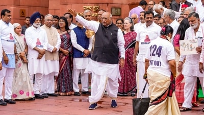 Congress President Mallikarjun Kharge with party MPs Sonia Gandhi, K Suresh and other INDIA bloc members during protests over alleged fraudulent polls in today's Parliament session. (Ravi Choudhary/PTI) Congress President Mallikarjun Kharge with party MPs Sonia Gandhi, K Suresh and other INDIA bloc members during protests over alleged fraudulent polls in today's Parliament session. (Ravi Choudhary/PTI)