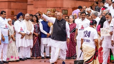 Congress President and LoP in the Rajya Sabha Mallikarjun Kharge with party MPs Sonia Gandhi, K Suresh and other INDIA bloc members during a protest in Parliament on Aug. 12, 2025. (PTI) Congress President and LoP in the Rajya Sabha Mallikarjun Kharge with party MPs Sonia Gandhi, K Suresh and other INDIA bloc members during a protest in Parliament on Aug. 12, 2025. (PTI)