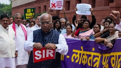 Leader of Opposition in Rajya Sabha and Congress MP Mallikarjun Kharge tears a placard, written SIR on it and dumps it in a dustbin during the Opposition's protest over the Special Intensive Revision (SIR) of Electoral Rolls in Bihar, during the Monsoon session of Parliament, in New Delhi. (PTi FILE) Leader of Opposition in Rajya Sabha and Congress MP Mallikarjun Kharge tears a placard, written SIR on it and dumps it in a dustbin during the Opposition's protest over the Special Intensive Revision (SIR) of Electoral Rolls in Bihar, during the Monsoon session of Parliament, in New Delhi. (PTi FILE)