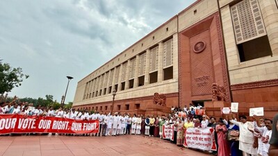 Members of the opposition protest in front of the Parliament today over the alleged fraudulent voter lists. (Instagram/ @incindia) Members of the opposition protest in front of the Parliament today over the alleged fraudulent voter lists. (Instagram/ @incindia)