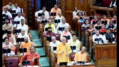 Parliamentary affairs minister Suresh Khanna speaking on the second day of UP assembly’s Monsson session on Tuesday. (HT Photo) Parliamentary affairs minister Suresh Khanna speaking on the second day of UP assembly’s Monsson session on Tuesday. (HT Photo)