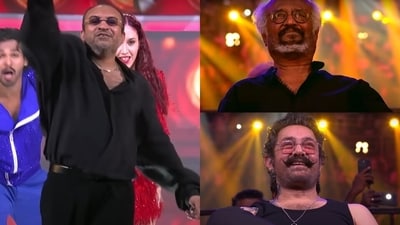 Soubin Shahir's moves for the song Monica from Coolie stole attention and his cast mates couldn't help but cheer. Soubin Shahir's moves for the song Monica from Coolie stole attention and his cast mates couldn't help but cheer.
