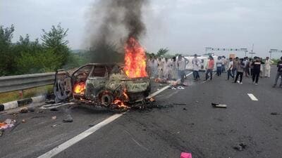 The car went up in flames in Alwar after the accident on Tuesday. (HT Photo)