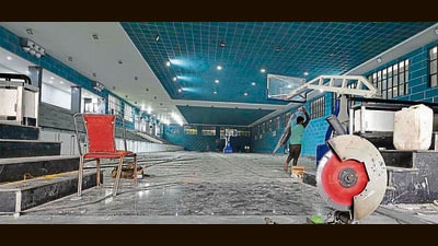 The construction work in progress at Guru Nanak stadium in Ludhiana. (Gurpreet Singh/HT)