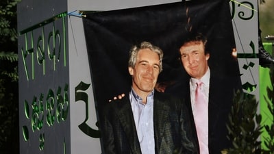 A banner of Jeffrey Epstein and President Donald Trump displayed during a protest earlier this year. (REUTERS)