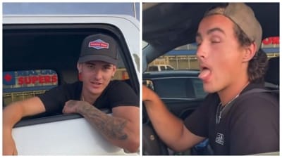 The video, said to have originally posted by the victim on Facebook, shows three men inside a pickup truck harassing the couple. (X/@ImpoliteCanuck) The video, said to have originally posted by the victim on Facebook, shows three men inside a pickup truck harassing the couple. (X/@ImpoliteCanuck)