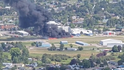 Smoke rises following a plane crash at Kalispell City Airport, in Kalispell, Montana, US, August 11. (REUTERS)