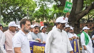 Lok Sabha LoP and Congress MP Rahul Gandhi, party MPs KV Venugopal, Pramod Tiwar and other INDIA bloc leaders during their protest march to the Election Commission from the Parliament, over the Special Intensive Revision of Bihar’s electoral rolls and alleging voter fraud in the 2024 Lok Sabha polls, in New Delhi on Monday. (ANI) Lok Sabha LoP and Congress MP Rahul Gandhi, party MPs KV Venugopal, Pramod Tiwar and other INDIA bloc leaders during their protest march to the Election Commission from the Parliament, over the Special Intensive Revision of Bihar’s electoral rolls and alleging voter fraud in the 2024 Lok Sabha polls, in New Delhi on Monday. (ANI)